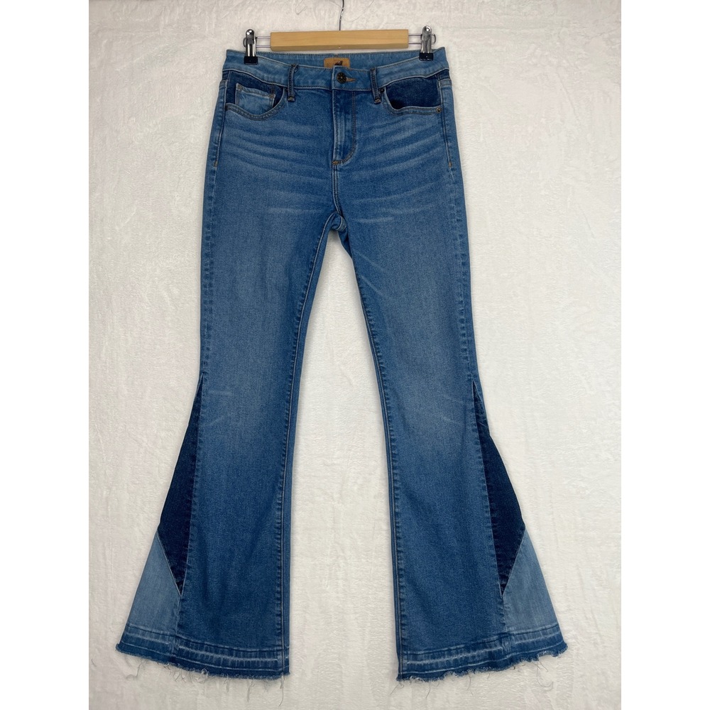 Driftwood Cleo Besties Flare Jeans sz 27 Women's Blue Patchwork Raw Hem Boho